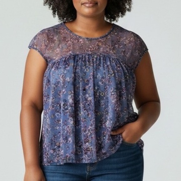Maurices Tops - Floral Mesh Cap Sleeve Babydoll Blouse Blue‎ Purple Sheer Overlay Top